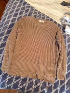 Zenana Outfitters Taupe Distressed Waffle Crewneck Sweater